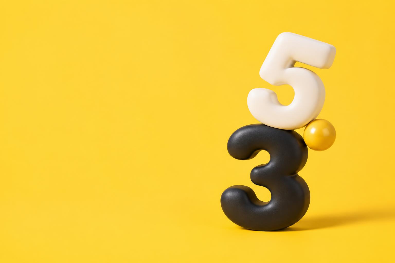 Playful black and white number sculptures on a sunny yellow background